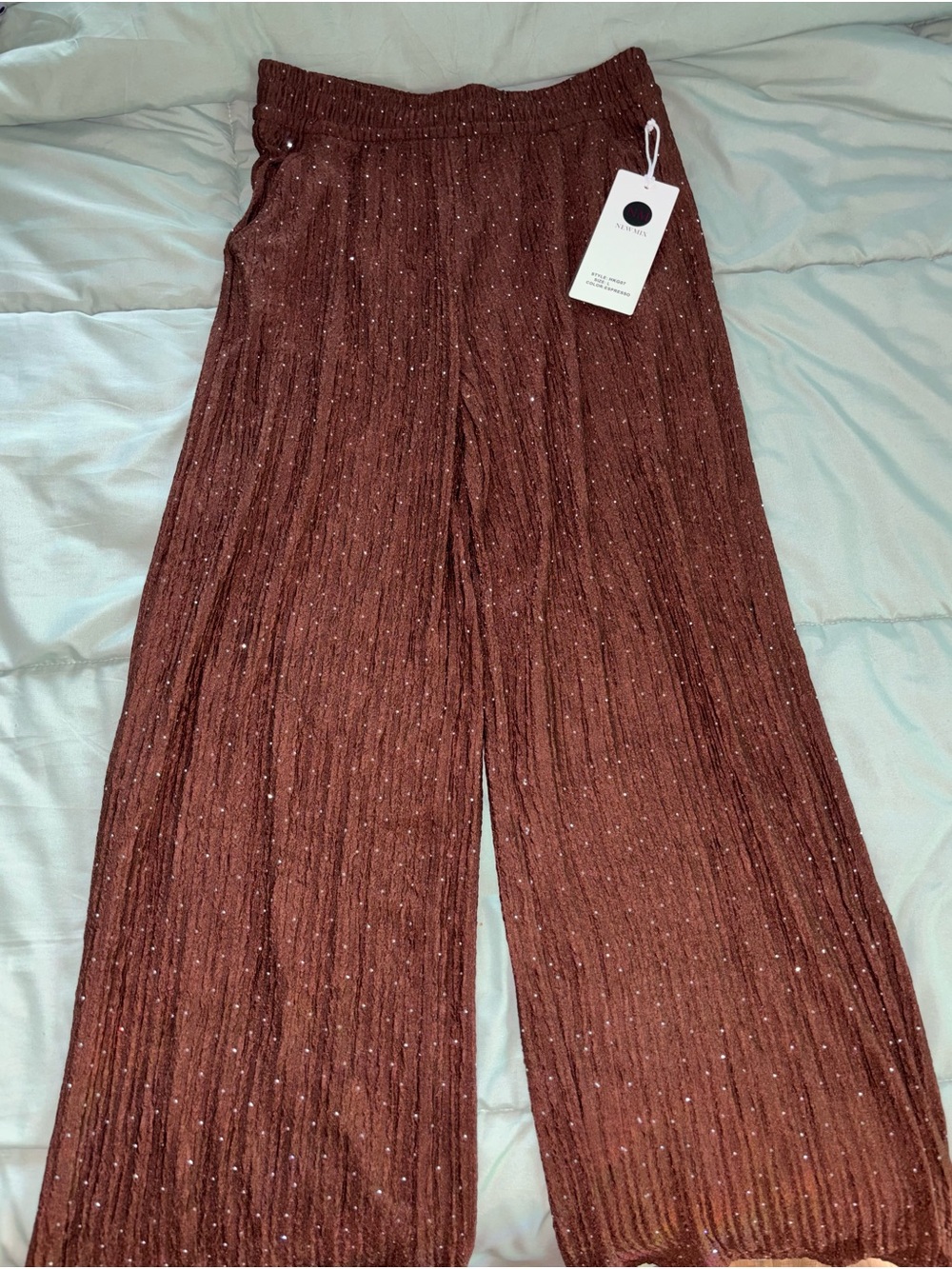 Metallic Brown Wide-Leg Pants with Sparkly Details